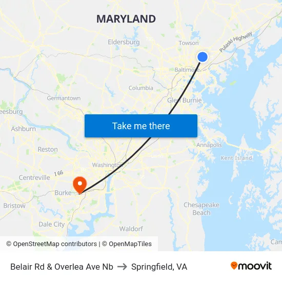 Belair Rd & Overlea Ave Nb to Springfield, VA map
