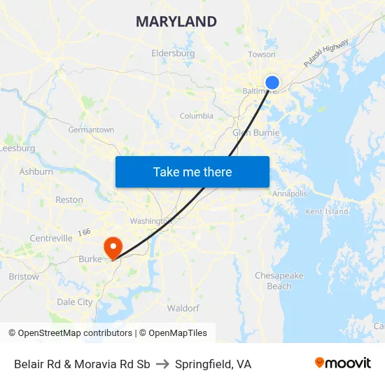 Belair Rd & Moravia Rd Sb to Springfield, VA map