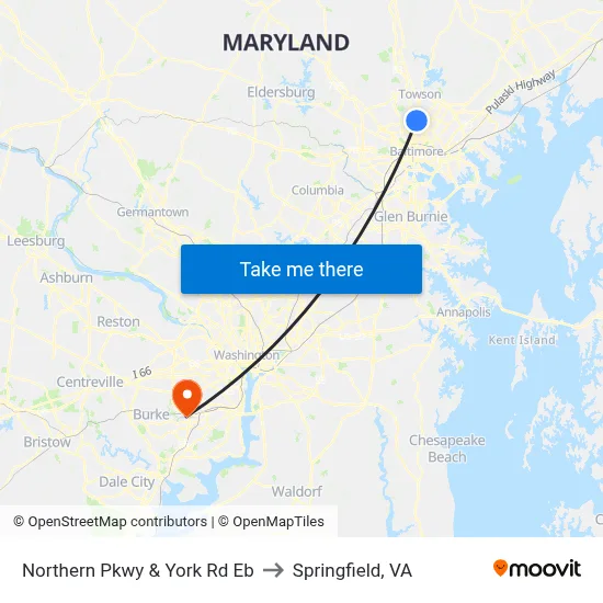 Northern Pkwy & York Rd Eb to Springfield, VA map