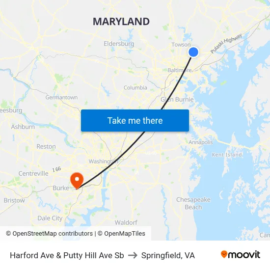 Harford Ave & Putty Hill Ave Sb to Springfield, VA map
