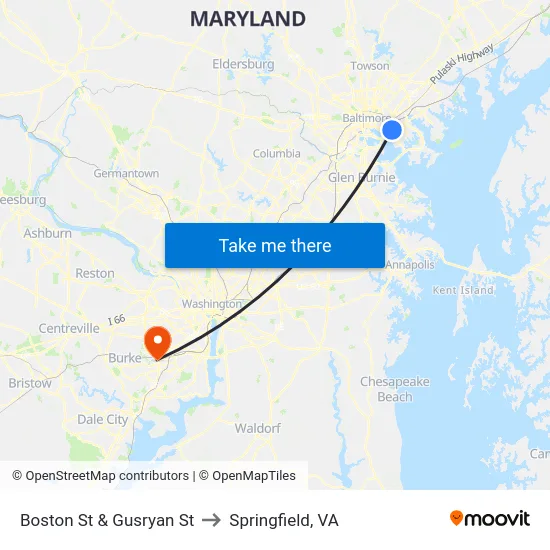 Boston St & Gusryan St to Springfield, VA map
