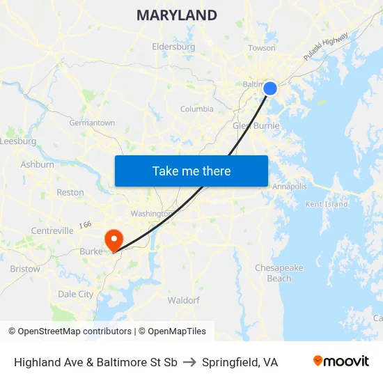 Highland Ave & Baltimore St Sb to Springfield, VA map