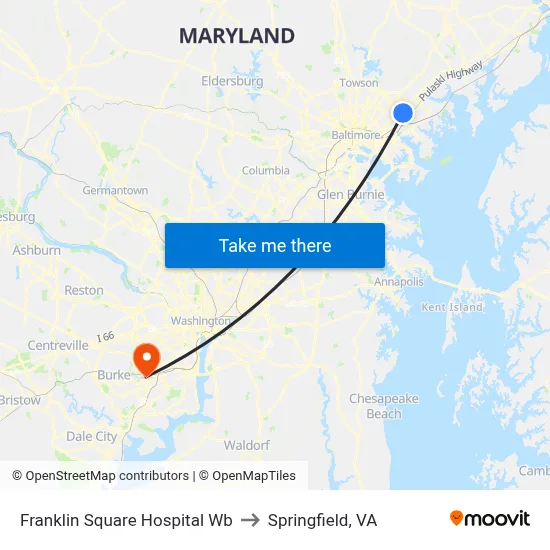 Franklin Square Hospital Wb to Springfield, VA map