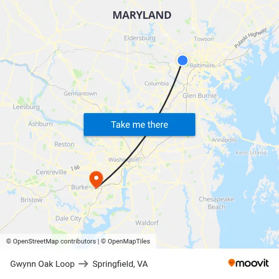 Gwynn Oak Loop to Springfield, VA map