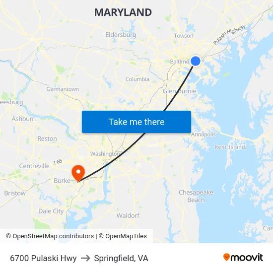 6700 Pulaski Hwy to Springfield, VA map