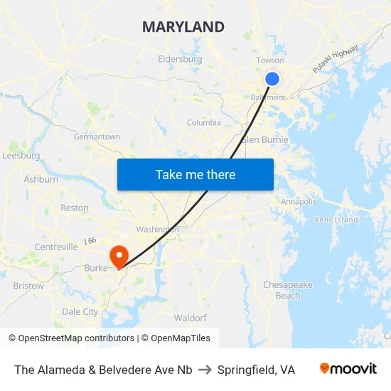 The Alameda & Belvedere Ave Nb to Springfield, VA map