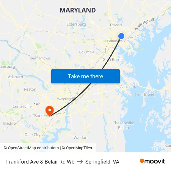 Frankford Ave & Belair Rd Wb to Springfield, VA map