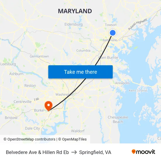 Belvedere Ave & Hillen Rd Eb to Springfield, VA map