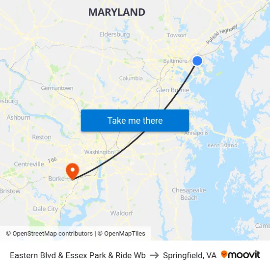 Eastern Blvd & Essex Park & Ride Wb to Springfield, VA map
