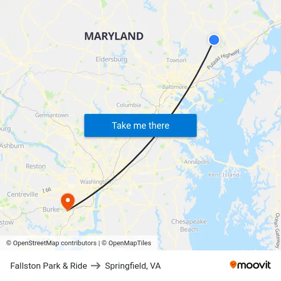 Fallston Park & Ride to Springfield, VA map