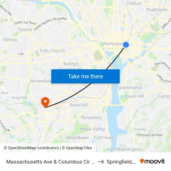 Massachusetts Ave & Columbus Cir NE Eb to Springfield, VA map