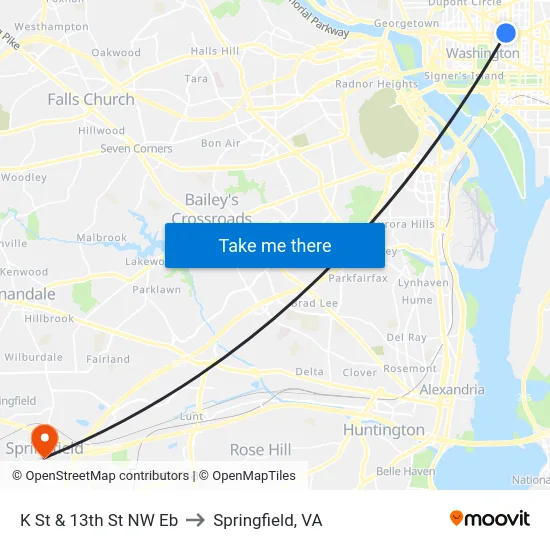 K St & 13th St NW Eb to Springfield, VA map
