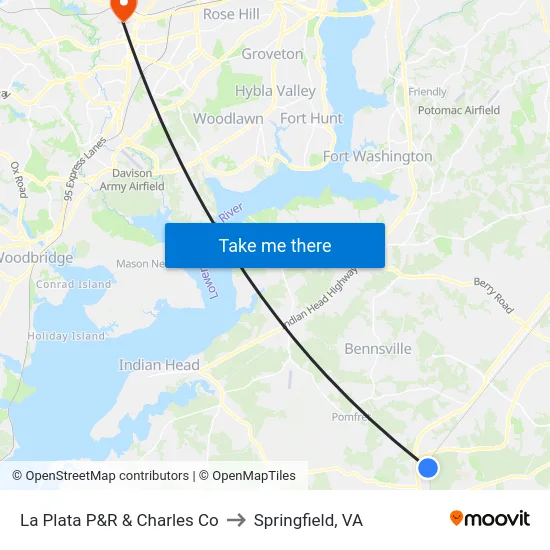 La Plata P&R & Charles Co to Springfield, VA map