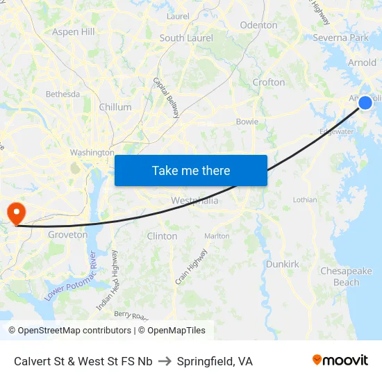 Calvert St & West St FS Nb to Springfield, VA map