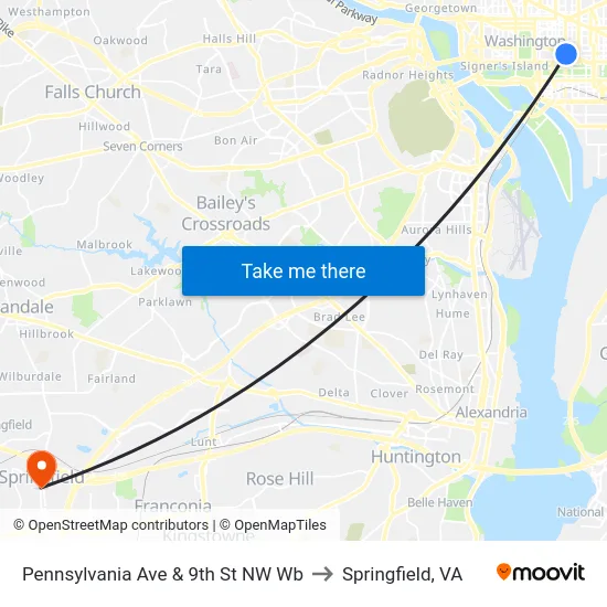 Pennsylvania Ave & 9th St NW Wb to Springfield, VA map