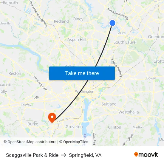 Scaggsville Park & Ride to Springfield, VA map