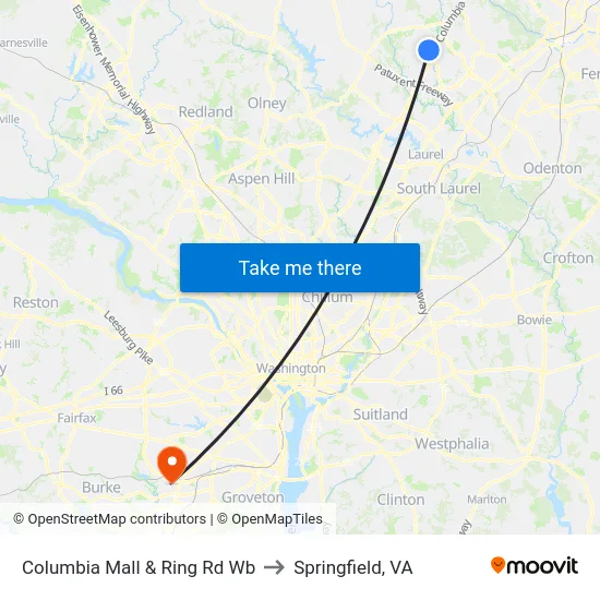 Columbia Mall & Ring Rd Wb to Springfield, VA map