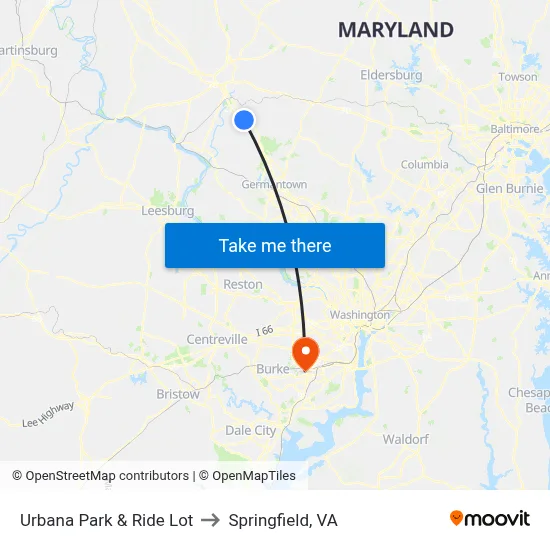 Urbana Park & Ride Lot to Springfield, VA map