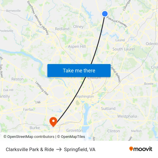 Clarksville Park & Ride to Springfield, VA map