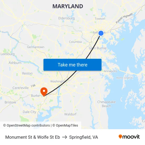 Monument St & Wolfe St Eb to Springfield, VA map