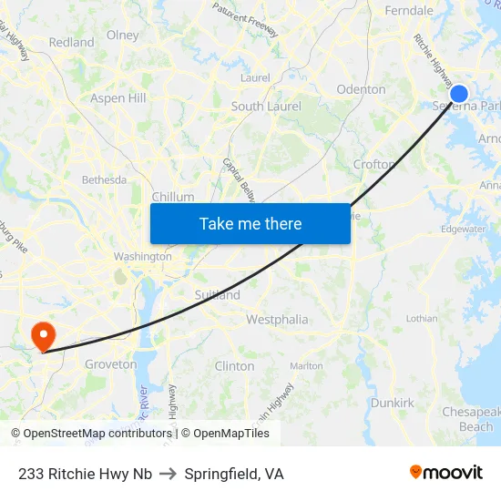 233 Ritchie Hwy Nb to Springfield, VA map