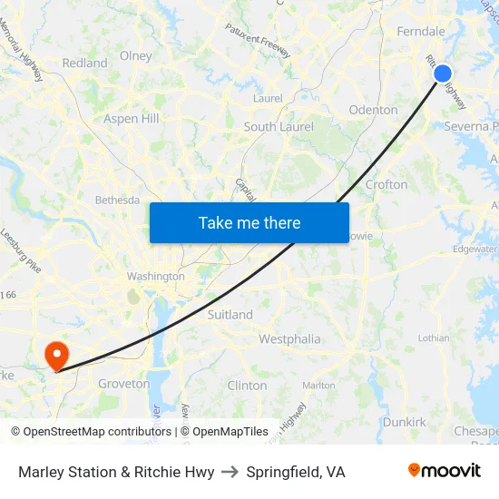 Marley Station & Ritchie Hwy to Springfield, VA map