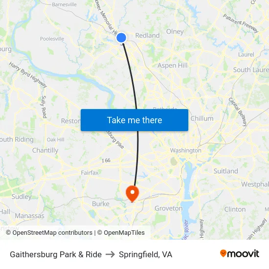 Gaithersburg Park & Ride to Springfield, VA map