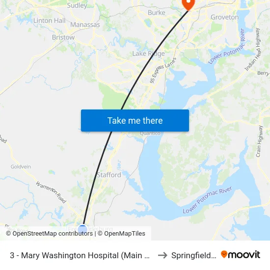 3 - Mary Washington Hospital (Main Entrance) to Springfield, VA map