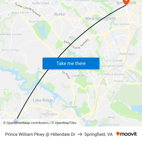 Prince William Pkwy @ Hillendale Dr to Springfield, VA map