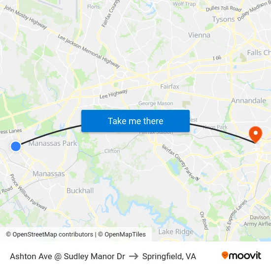 Ashton Ave @ Sudley Manor Dr to Springfield, VA map