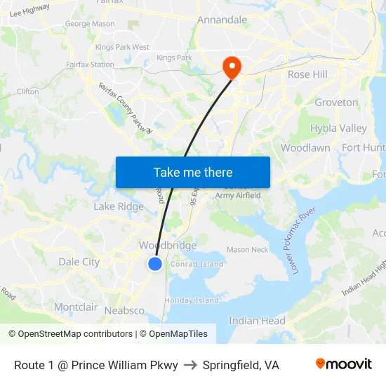 Route 1 @ Prince William Pkwy to Springfield, VA map