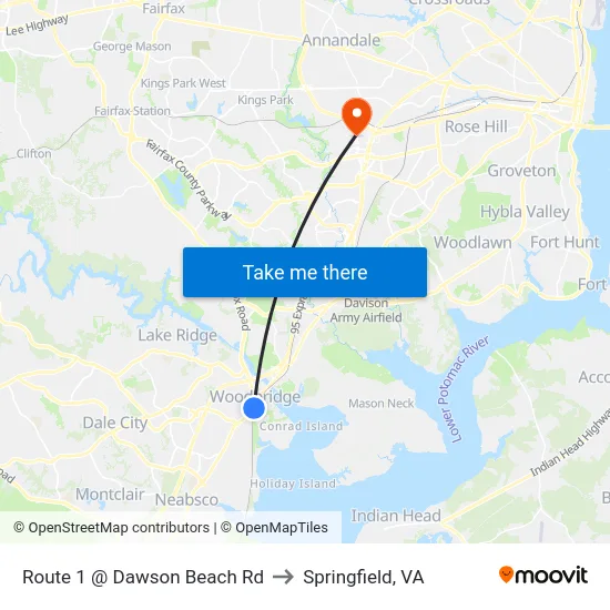 Route 1 @ Dawson Beach Rd to Springfield, VA map