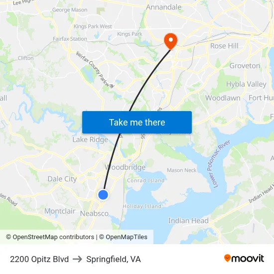 2200 Opitz Blvd to Springfield, VA map