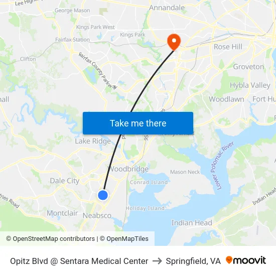 Opitz Blvd @ Sentara Medical Center to Springfield, VA map
