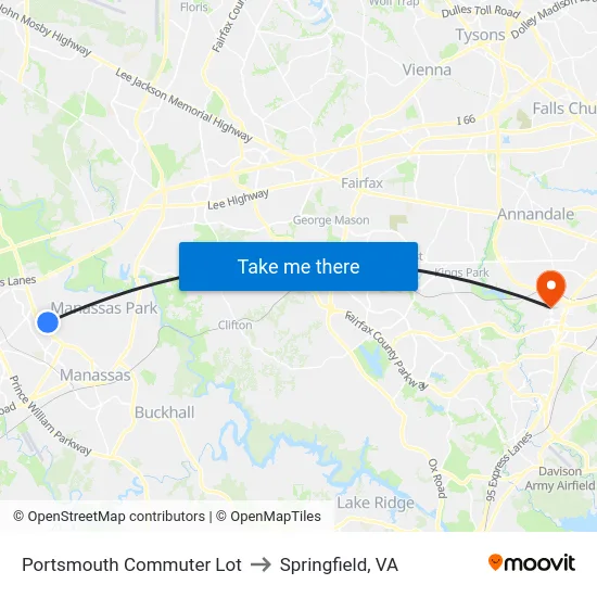 Portsmouth Commuter Lot to Springfield, VA map