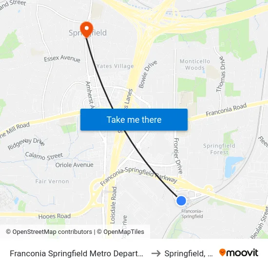 Franconia Springfield Metro Departures to Springfield, VA map