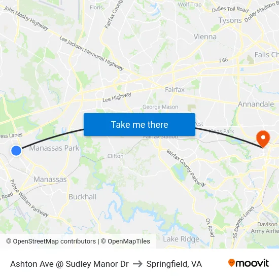 Ashton Ave @ Sudley Manor Dr to Springfield, VA map