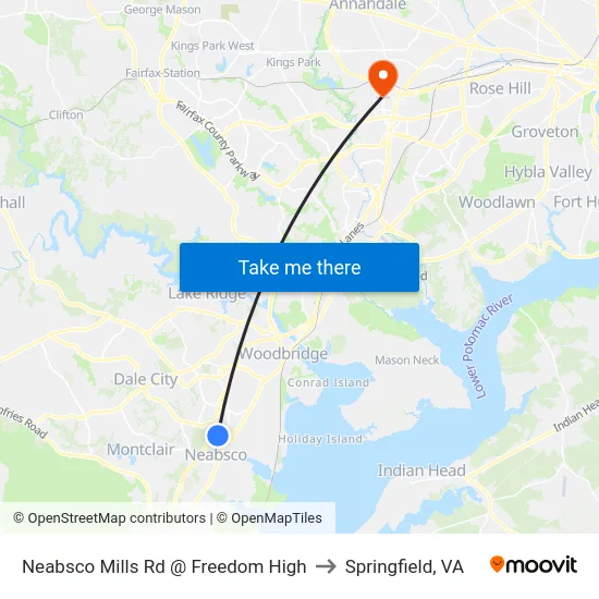 Neabsco Mills Rd @ Freedom High to Springfield, VA map