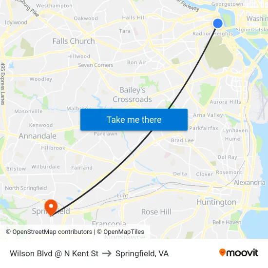Wilson Blvd @ N Kent St to Springfield, VA map