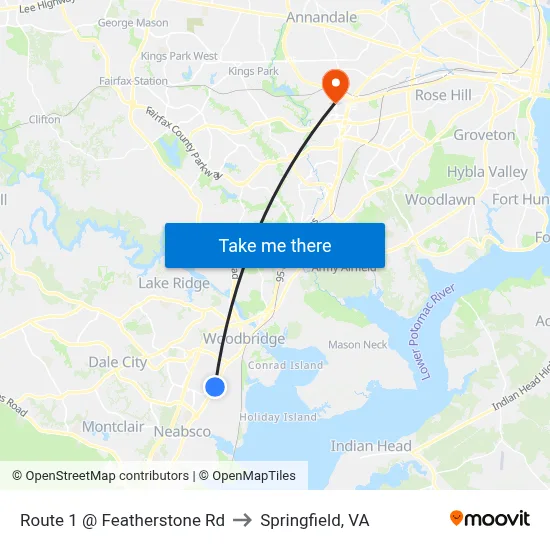 Route 1 @ Featherstone Rd to Springfield, VA map