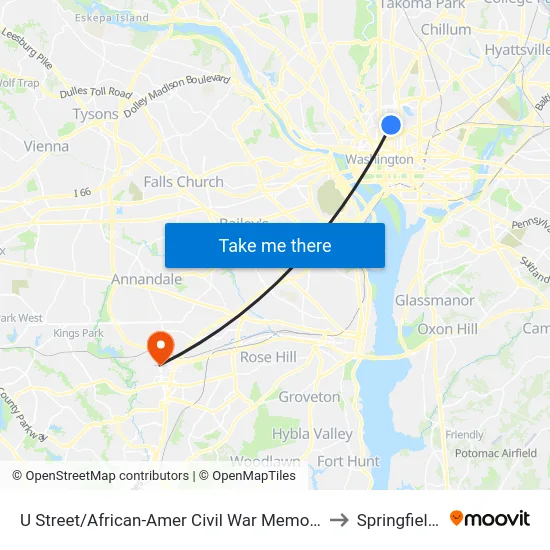 U Street/African-Amer Civil  War Memorial/ Cardozo to Springfield, VA map