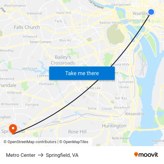 Metro Center to Springfield, VA map