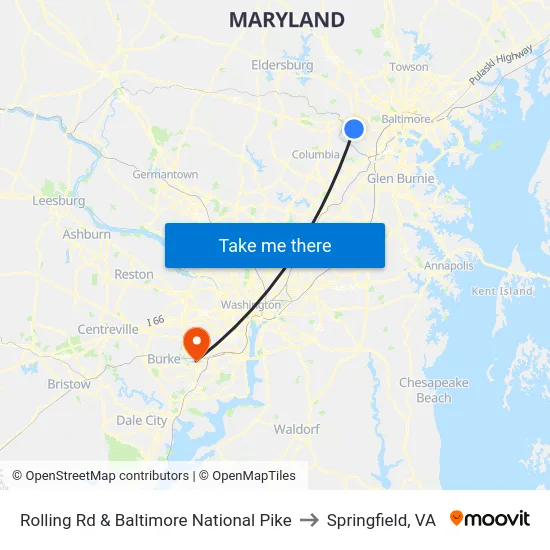 Rolling Rd & Baltimore National Pike to Springfield, VA map