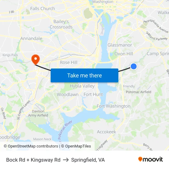 Bock Rd + Kingsway Rd to Springfield, VA map