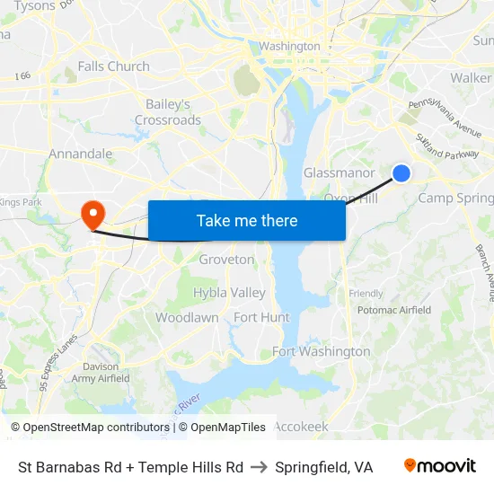 St Barnabas Rd + Temple Hills Rd to Springfield, VA map