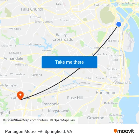 Pentagon Metro to Springfield, VA map