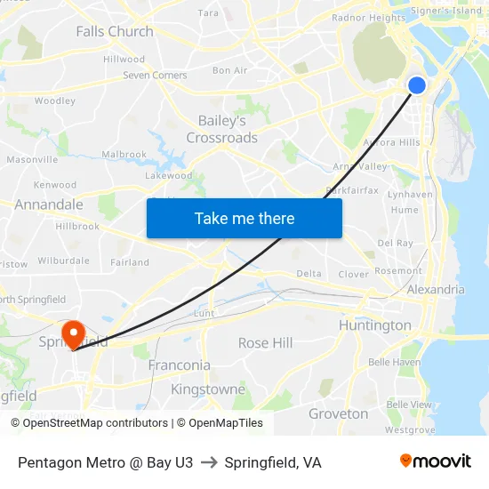 Pentagon Metro @ Bay U3 to Springfield, VA map
