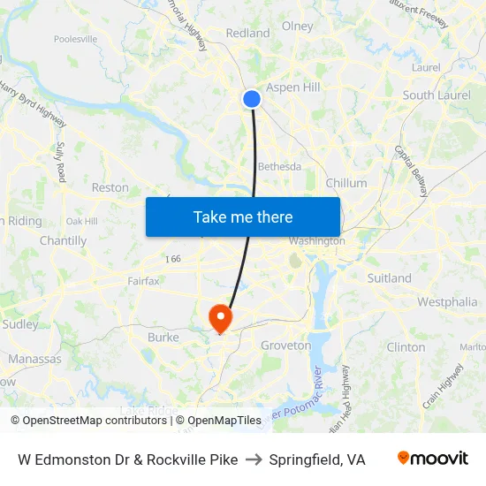 W Edmonston Dr & Rockville Pike to Springfield, VA map