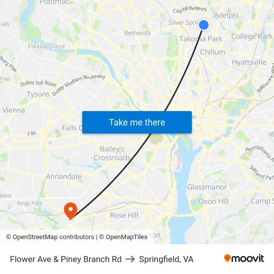Flower Ave & Piney Branch Rd to Springfield, VA map