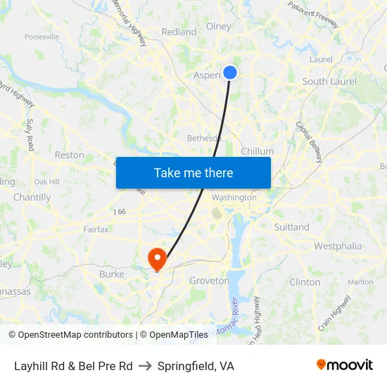Layhill Rd & Bel Pre Rd to Springfield, VA map